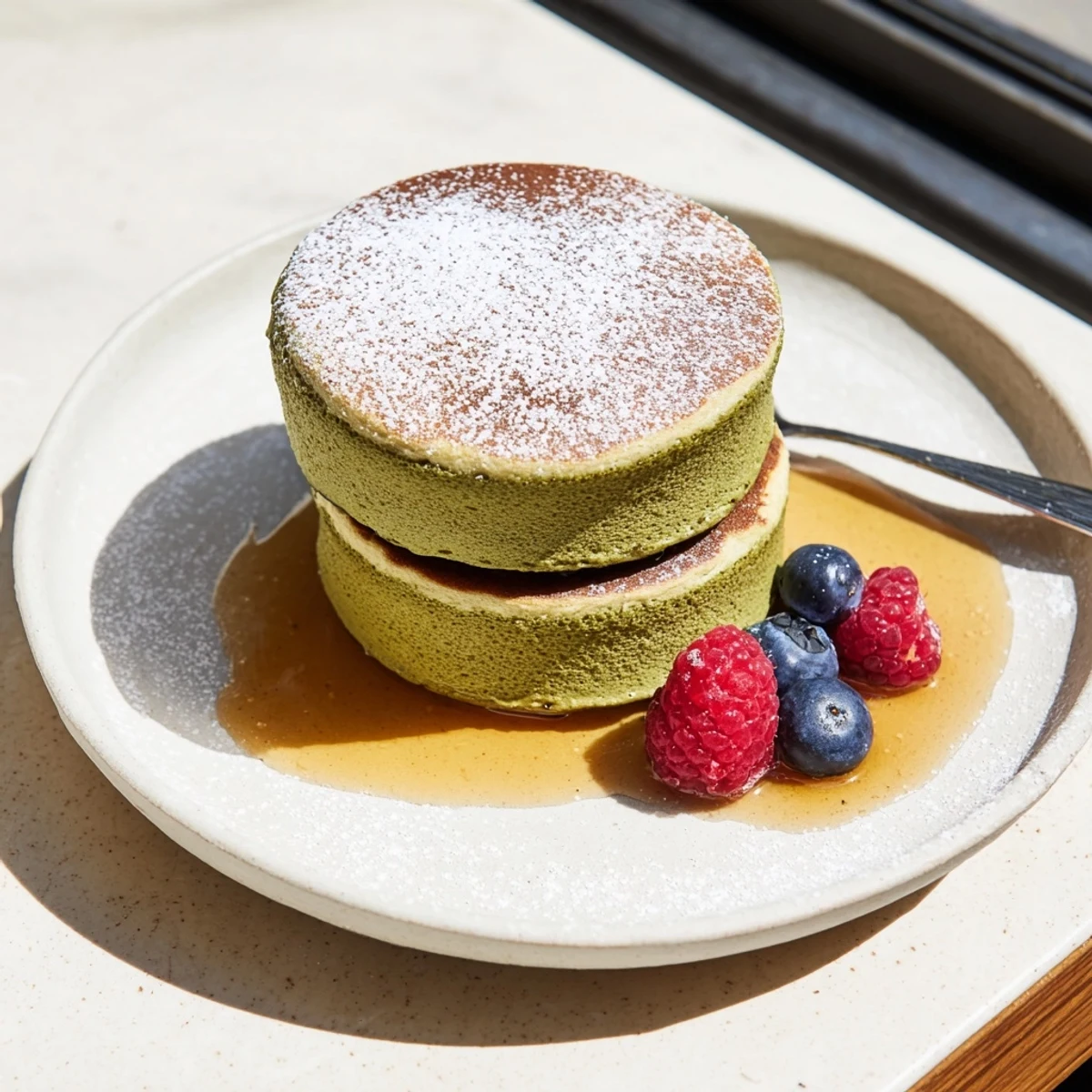 A plate of freshly cooked Egg White Gingerbread Matcha Soufflé Pancakes, promising a delightful breakfast experience.