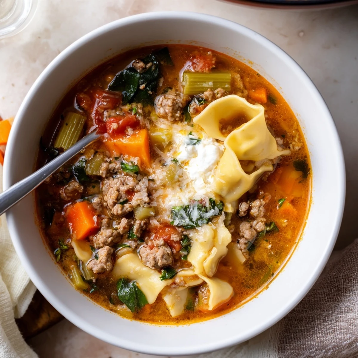 Close-up of Healthy Lasagna Soup, garnished with fresh herbs and three types of cheese, a delicious meal.