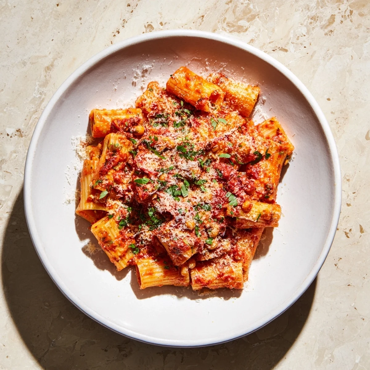 A steaming bowl of Spicy Arrabbiata Roasted Chickpea Crunch Pasta, topped with parmesan and basil.