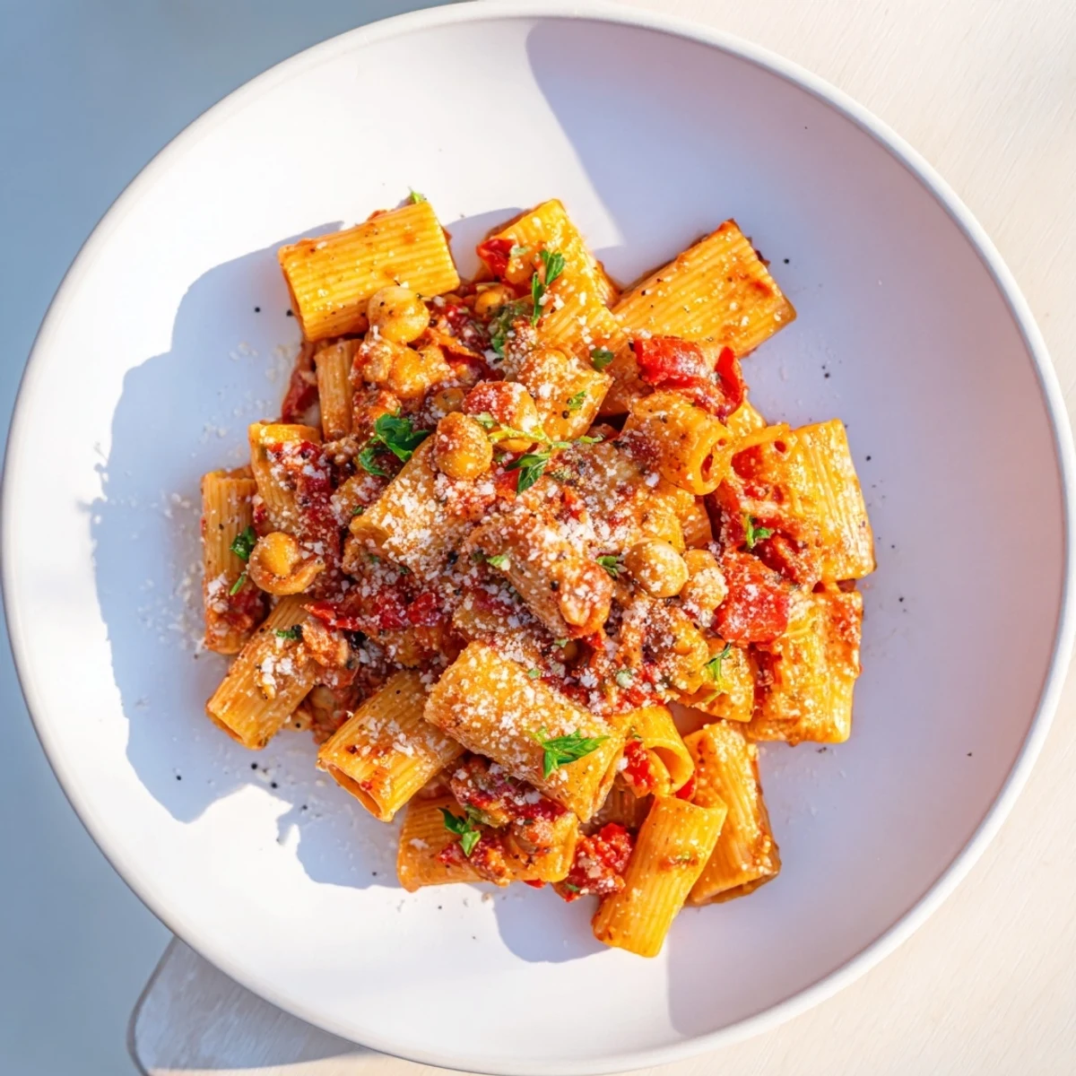 Golden, crispy chickpeas and vibrant red sauce coat the pasta in this Spicy Arrabbiata dish.