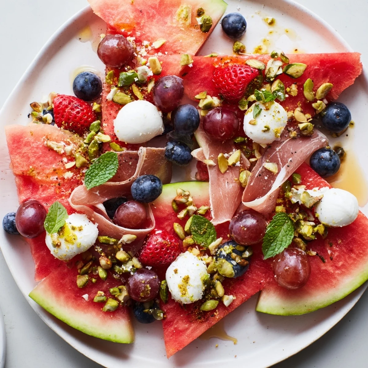 Vibrant watermelon slice charcuterie platter with red watermelon, juicy fruit, and salty prosciutto creating a tasty appetizer.