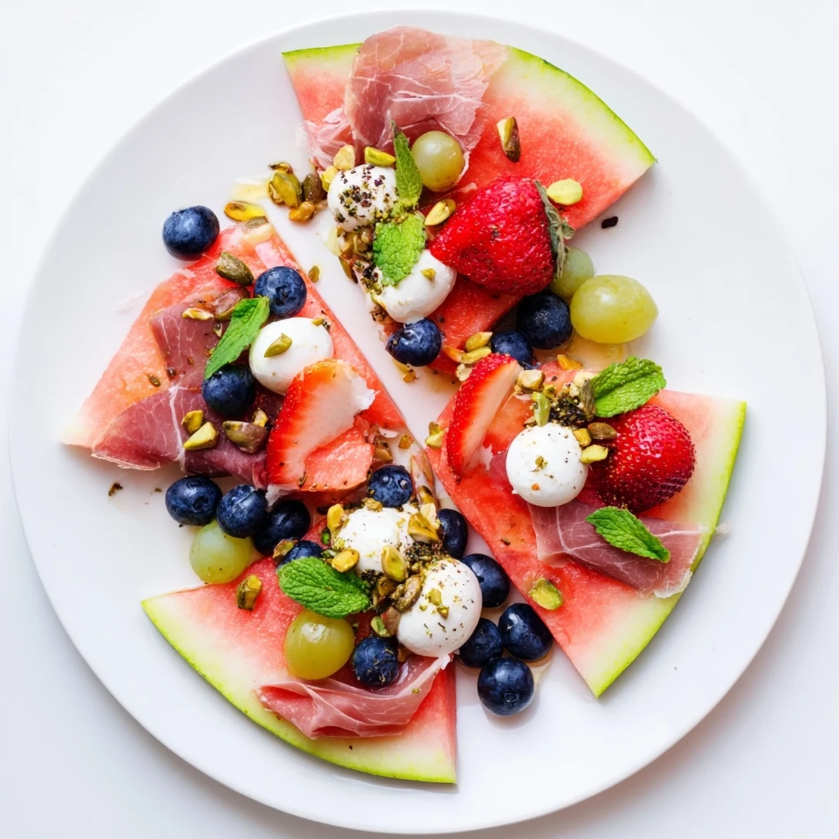 A close-up view of a colorful watermelon slice charcuterie board, perfect for entertaining with summery flavors.