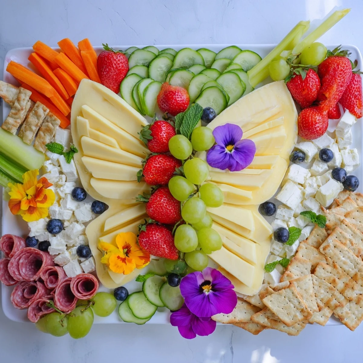 Butterfly Summer Board with vibrant fruit and cheese in a whimsical butterfly shape, ready to enjoy.