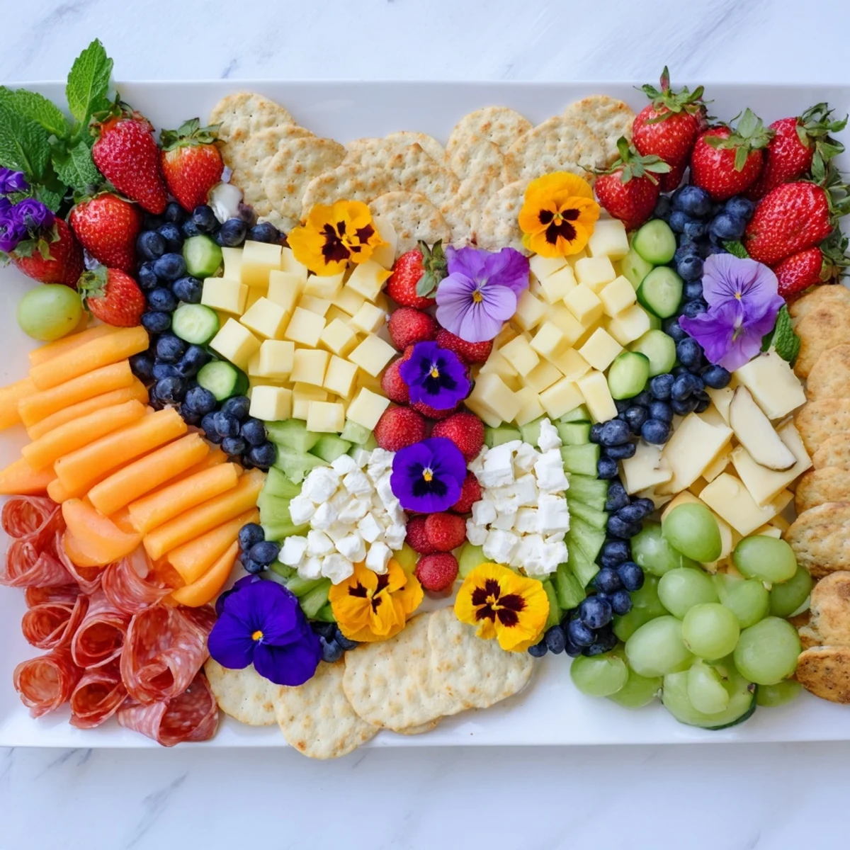 A summery Butterfly Summer Board, overflowing with colorful fruits, cheese, and flowers, perfect for gatherings.