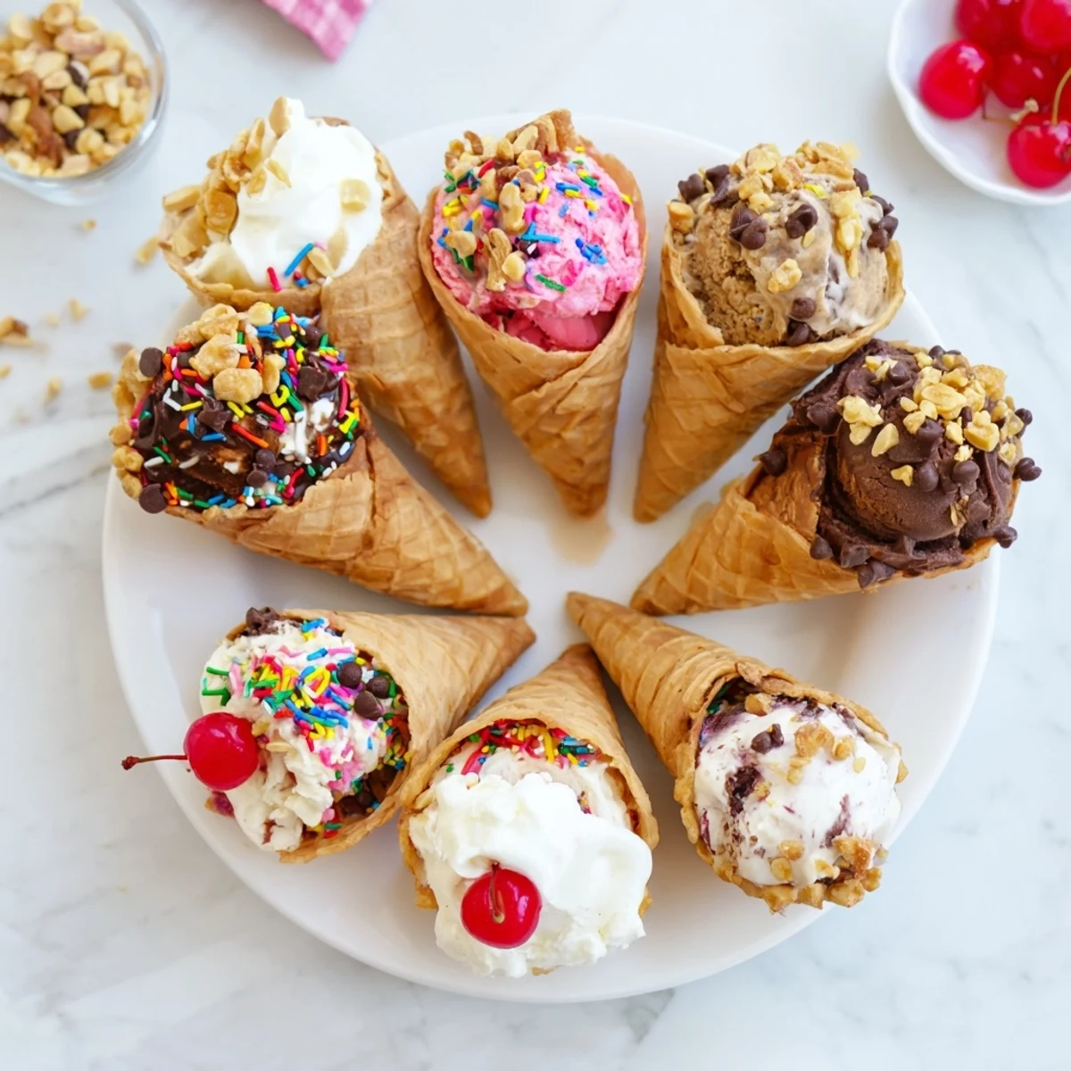 A colorful Ice Cream Cone Grazing Board filled with waffle cones, fresh berries, and candies.