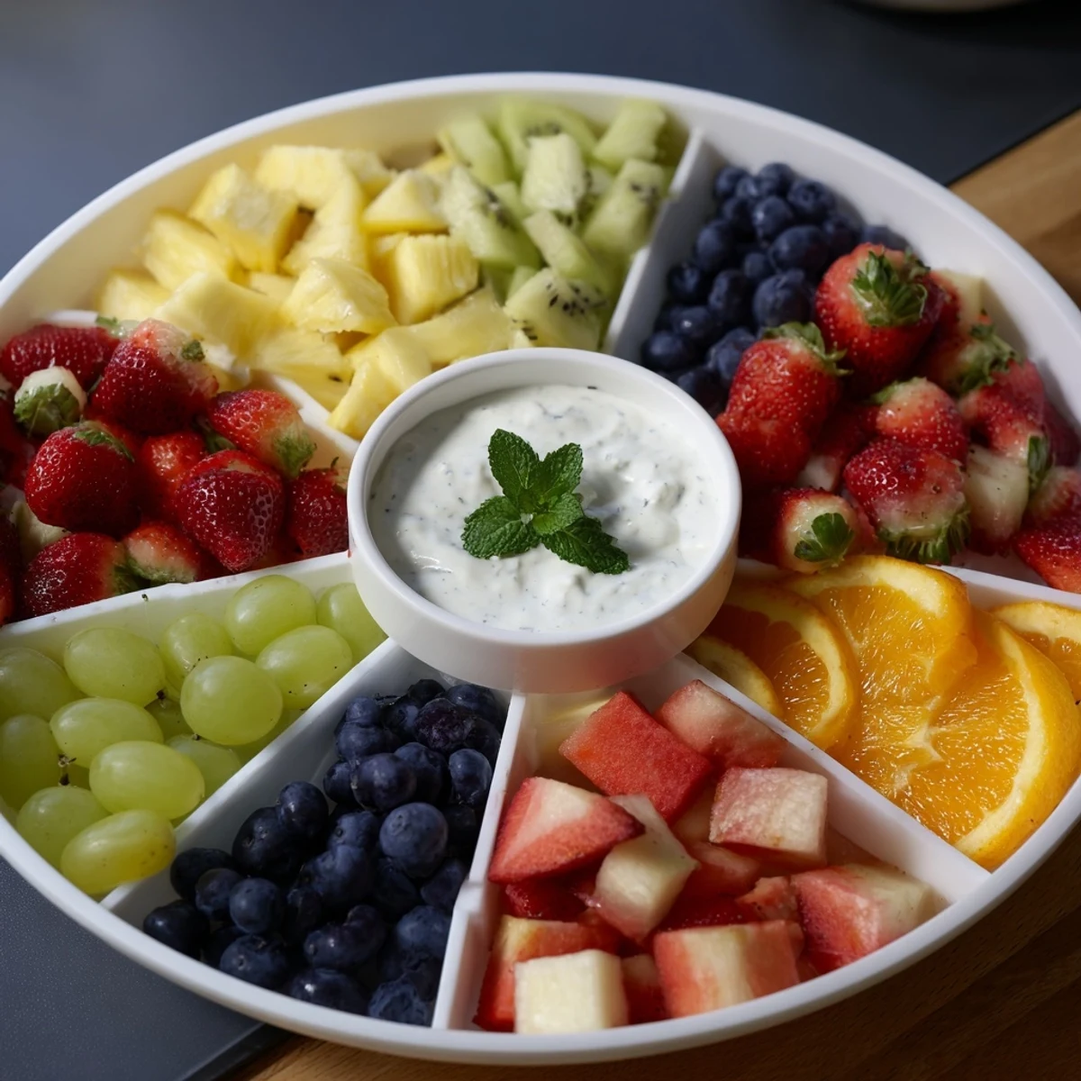 Refreshing, healthy beach ball fruit platter arrangement: strawberries, pineapple, and blueberries ready to enjoy.