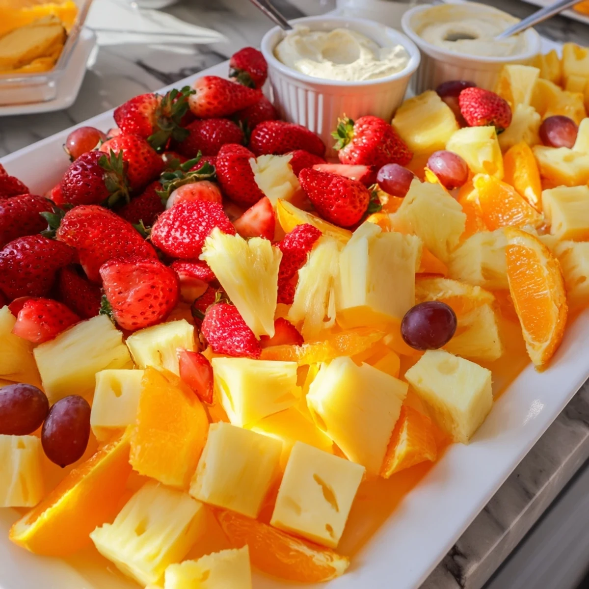 Colorful Sunshine Snack Tray overflowing with fresh fruits, veggies, and cheeses; a perfect party appetizer.