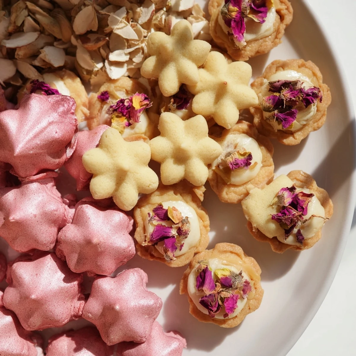 Vibrant Daisy Chain Dessert Tray showcases mini tarts, cookies, and meringues perfect for any party.