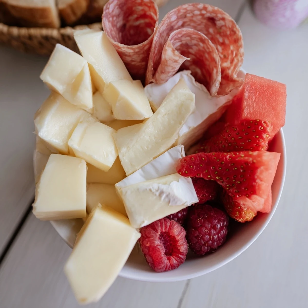 Vibrant Flamingo Paradise Board with fresh fruits, cheeses, and charcuterie, ready to enjoy at your gathering.