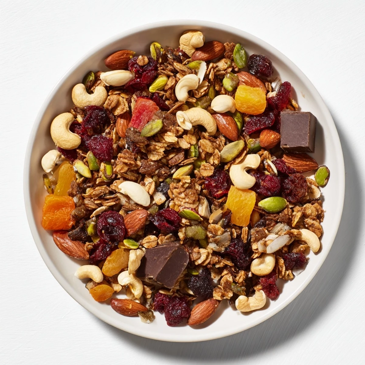 A close-up of delicious Mountain High Adventure Snack Mix with a mix of nuts and fruit.