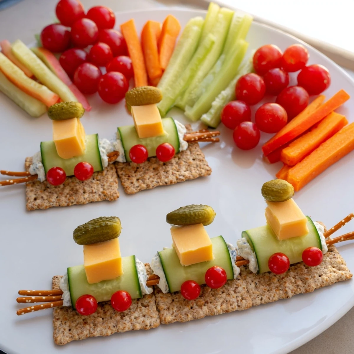 A colorful Choo Choo Train Snack Track: cheese, veggies, and fruit arranged playfully on crackers.