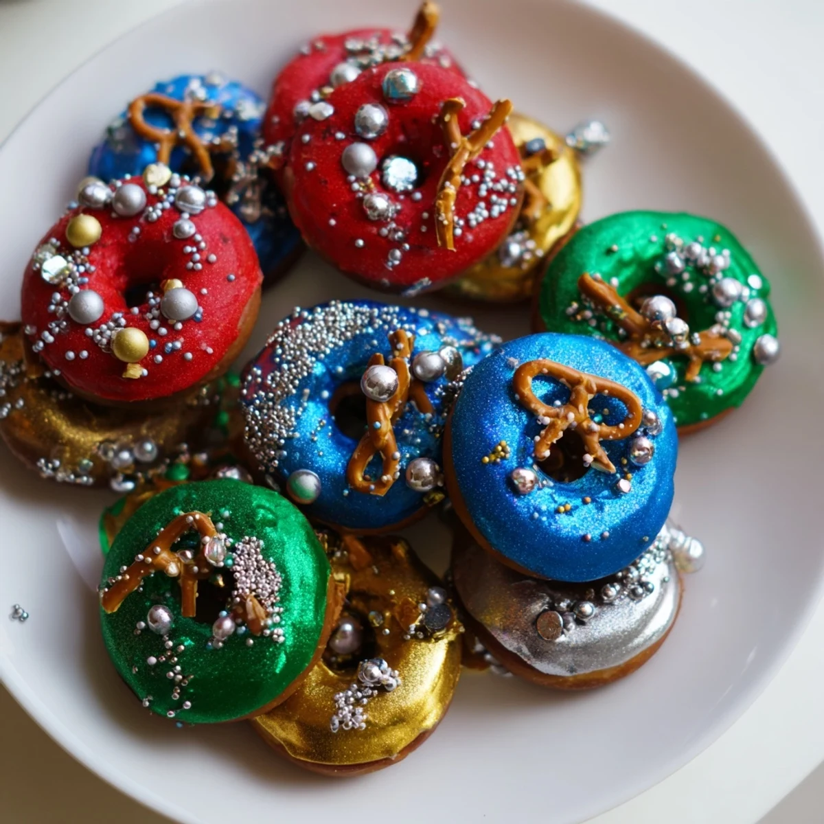 Vibrant Donut Stack Christmas Ornament Tower, a festive dessert with colorful, sprinkled donut ornaments.