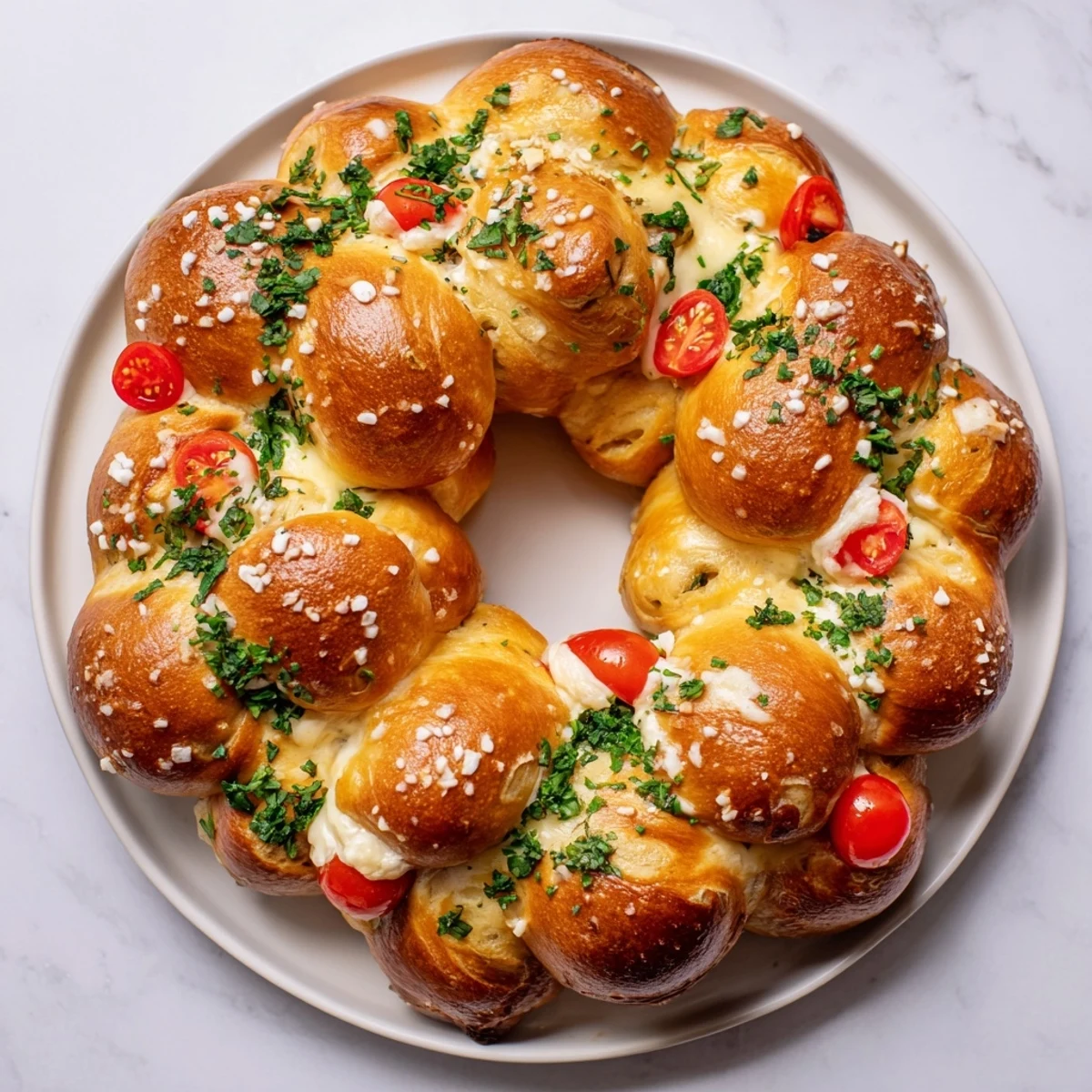 A platter presents the freshly baked Pretzel Joy Wreath, a savory appetizer perfect for sharing with friends.