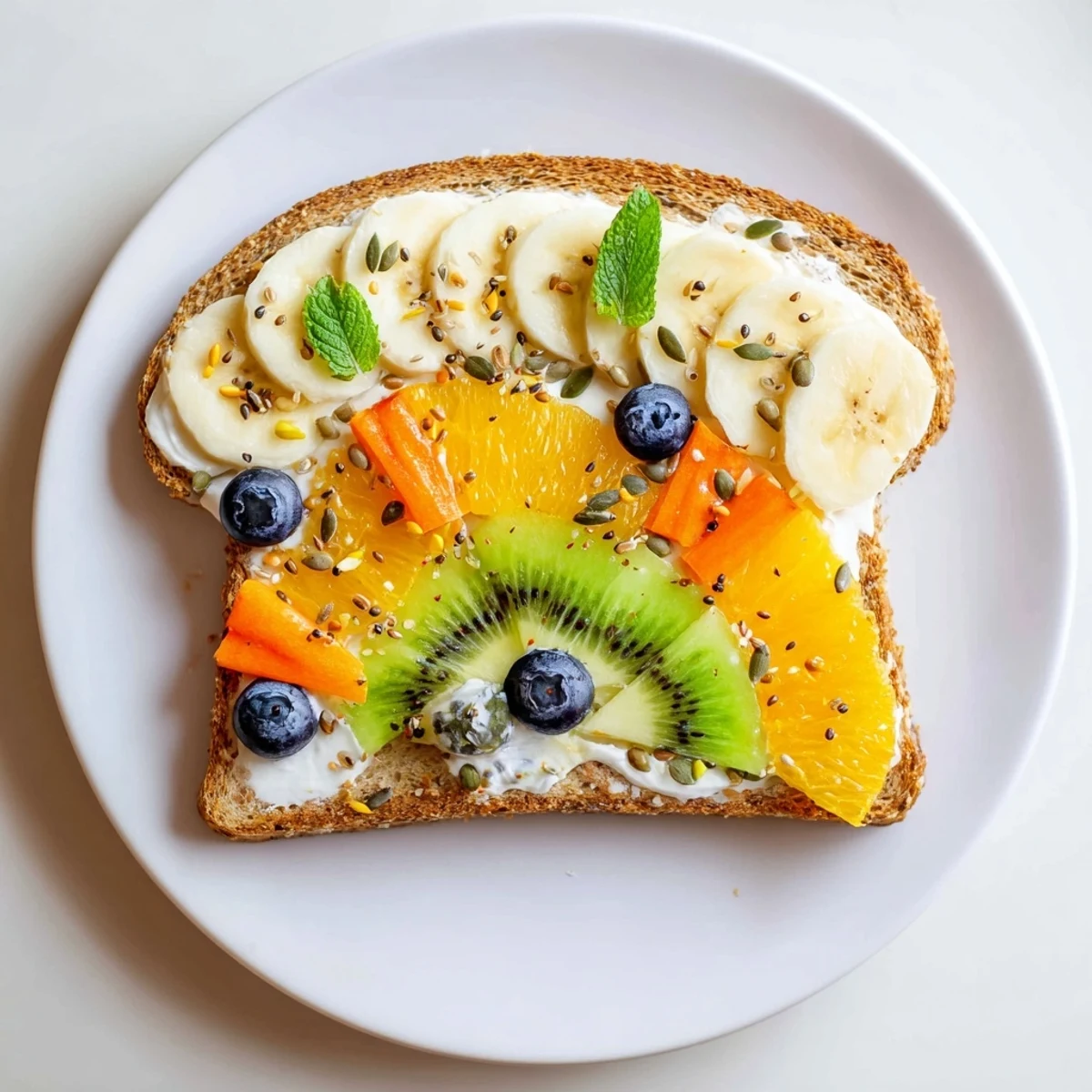 Brightly colored Morning Sun Breakfast Toast Designs: creative, fruit-topped toast makes a delicious vegetarian breakfast.