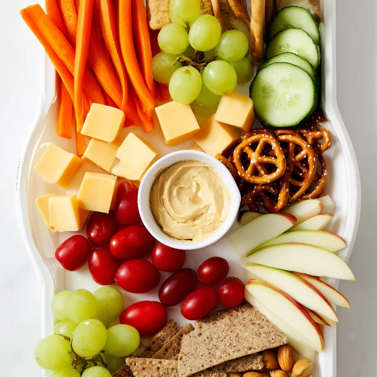A colorful Road Trip Snack Platter with fresh veggies, crunchy snacks, and cheese cubes ready to eat.