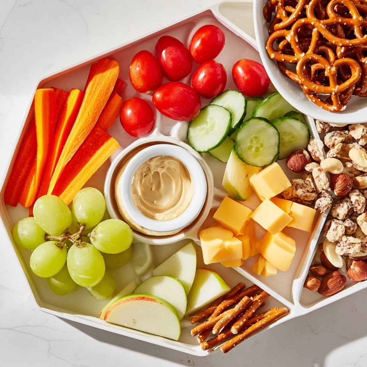 Delicious Road Trip Snack Platter, a vegetarian option filled with crackers, grapes, and hummus for easy travel.
