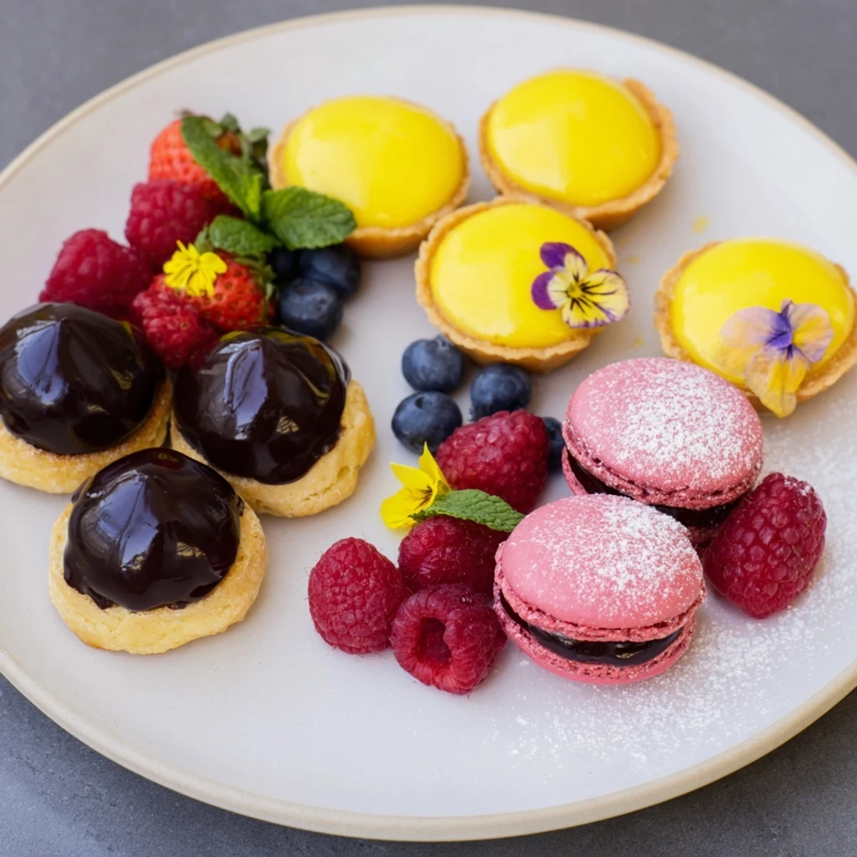 Delicious bite-sized treats make up this elegant Montgolfière Dessert Platter, perfect for sharing and enjoying.