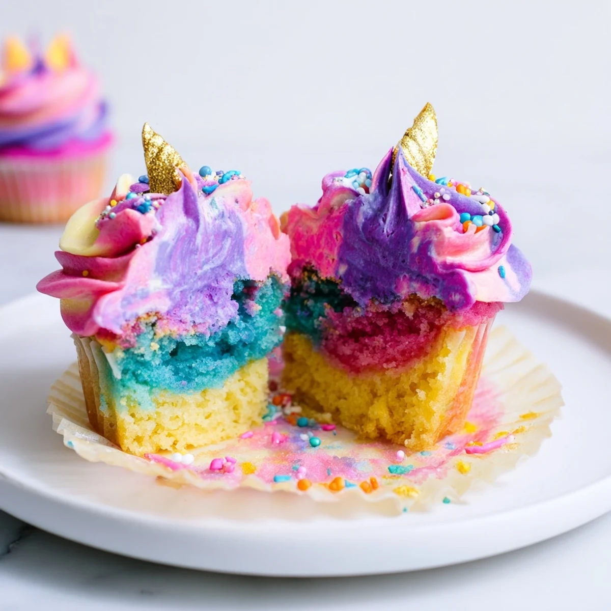Magical Unicorn Dessert Table: a colorful display of cupcakes, cookies and meringue kisses for a sweet party.