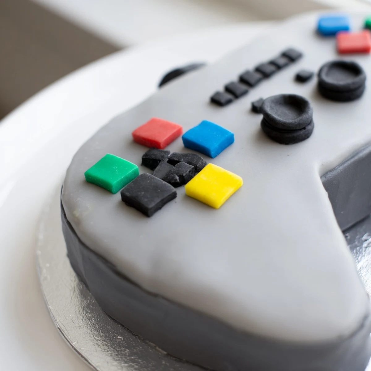 A vibrant pixel video game controller cake with precise fondant details, ready to serve and enjoy.