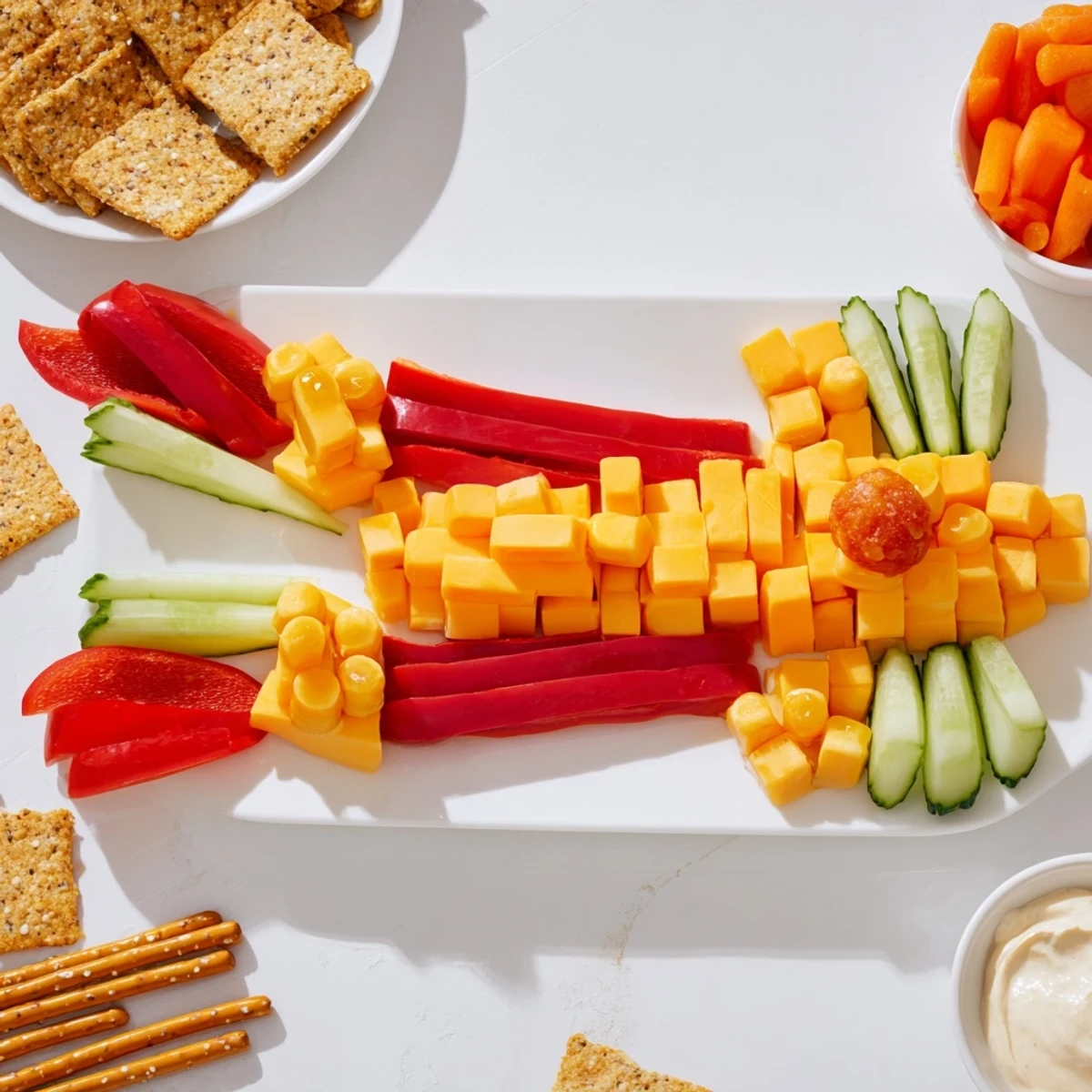 Spaceship Launch Snack Board overflowing with vibrant fruits, cheeses, and crunchy snacks for fun entertaining.