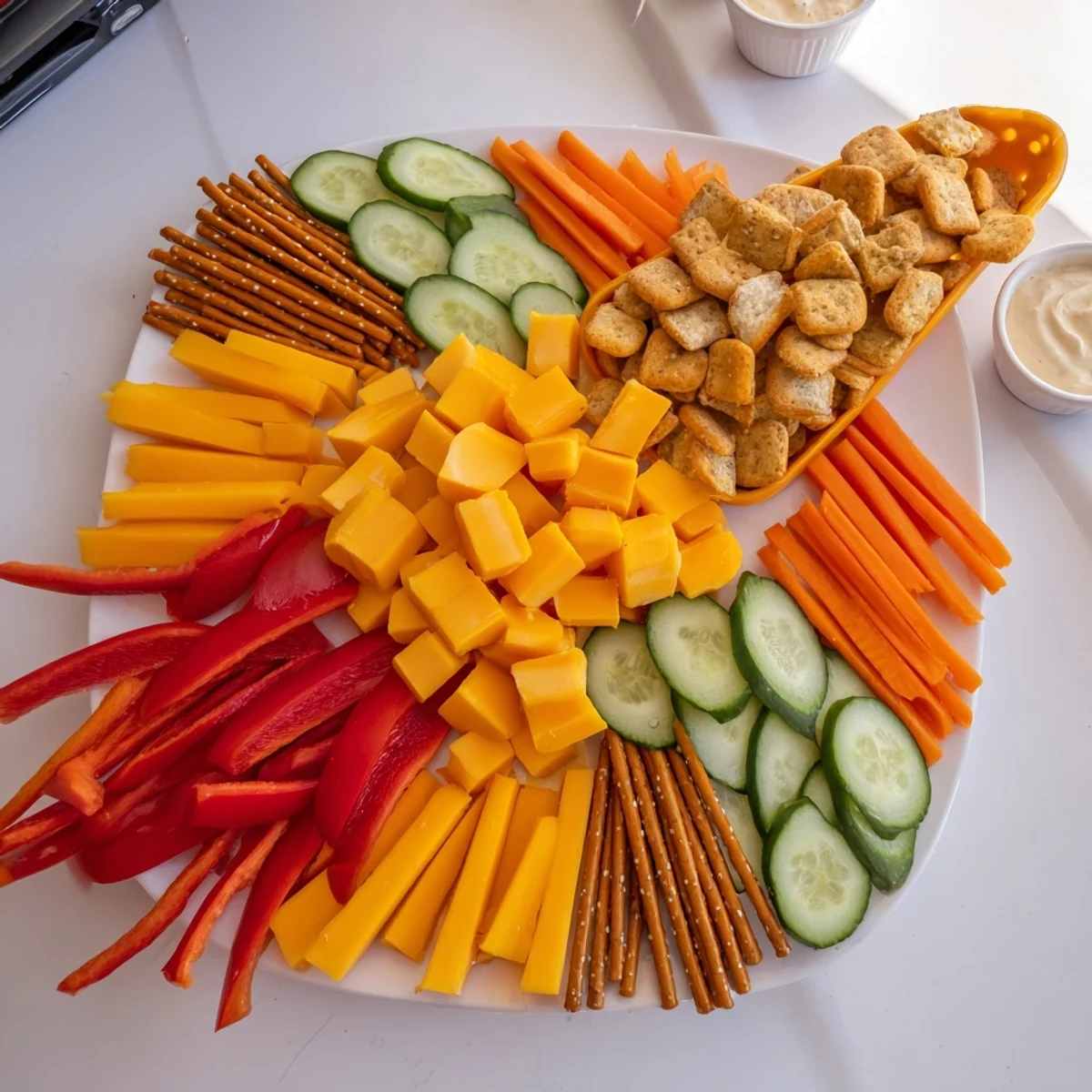 A colorful Spaceship Launch Snack Board features cheese "fuselage" with grapes as "windows" for a party.