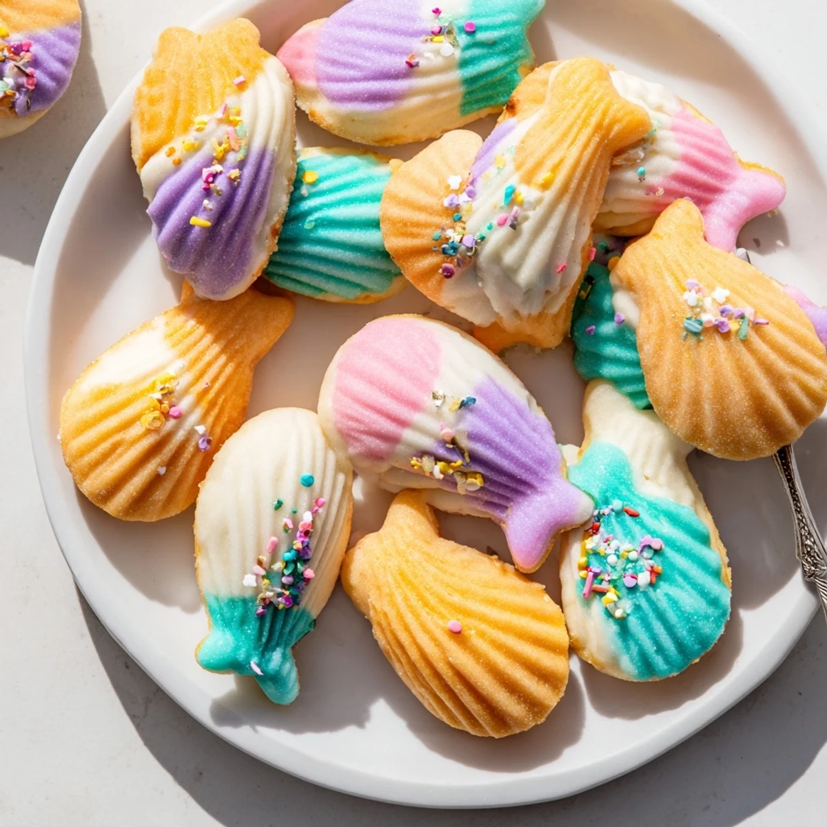 Delicate Mignardises Queue de Sirène, pastel-colored mermaid tail madeleines dipped in white chocolate and shimmering sprinkles.
