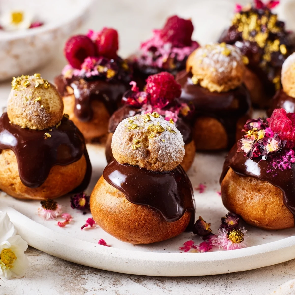 Adorable French Piste de Train Mignardises, showcasing delicate choux puffs and fruit tartlets artistically displayed.