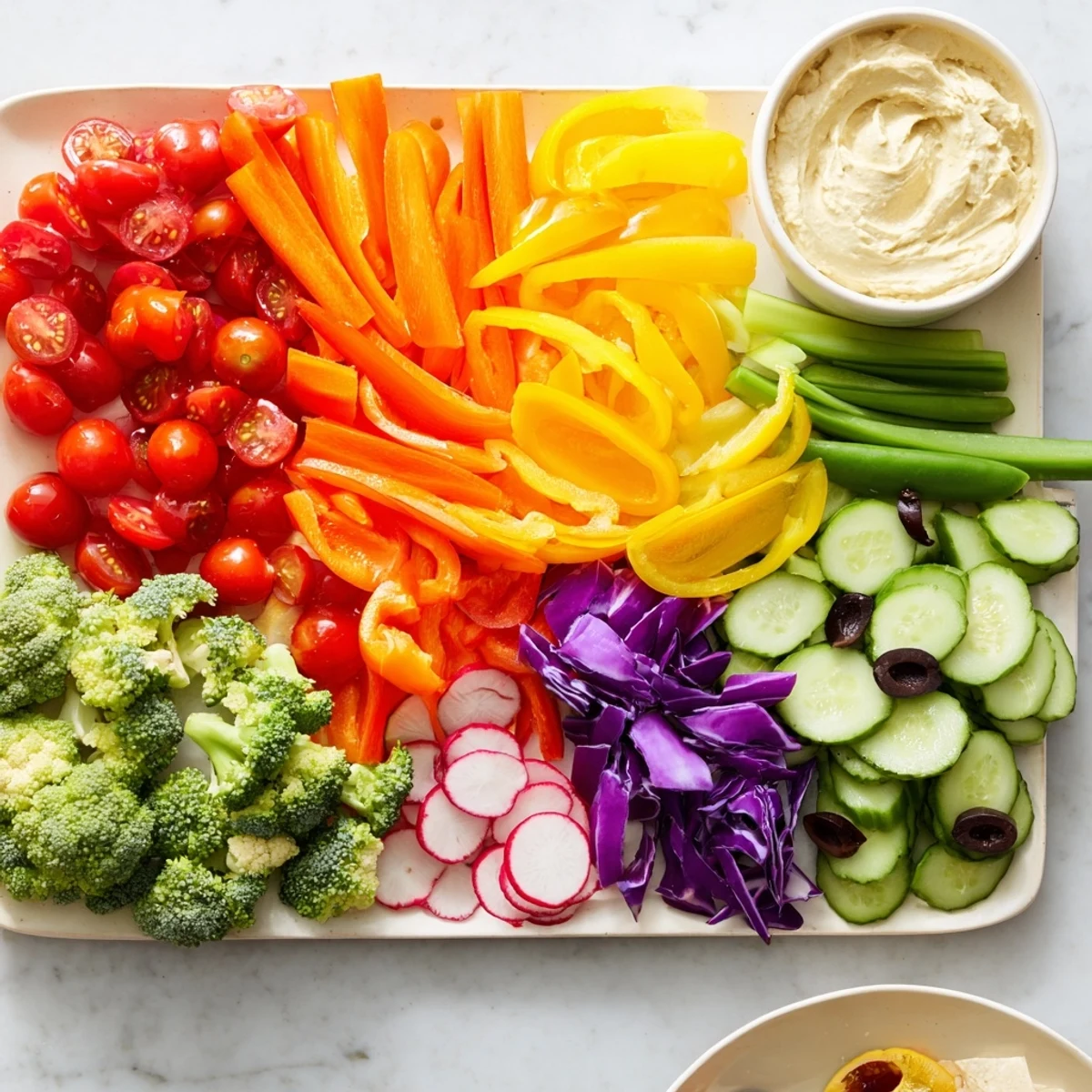 Vibrant Colorful Vegetable Rainbow Board with fresh, colorful veggies, ideal for a party appetizer.