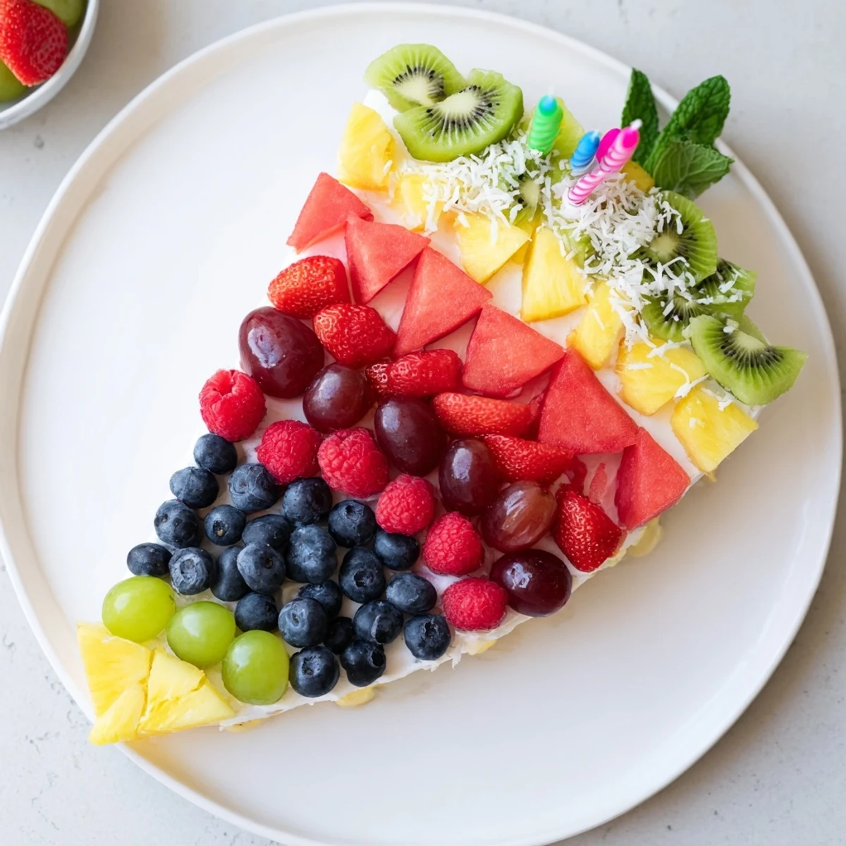 Vibrant Birthday Board: a colorful cake slice fruit platter, ready to grab a healthy, sweet treat!