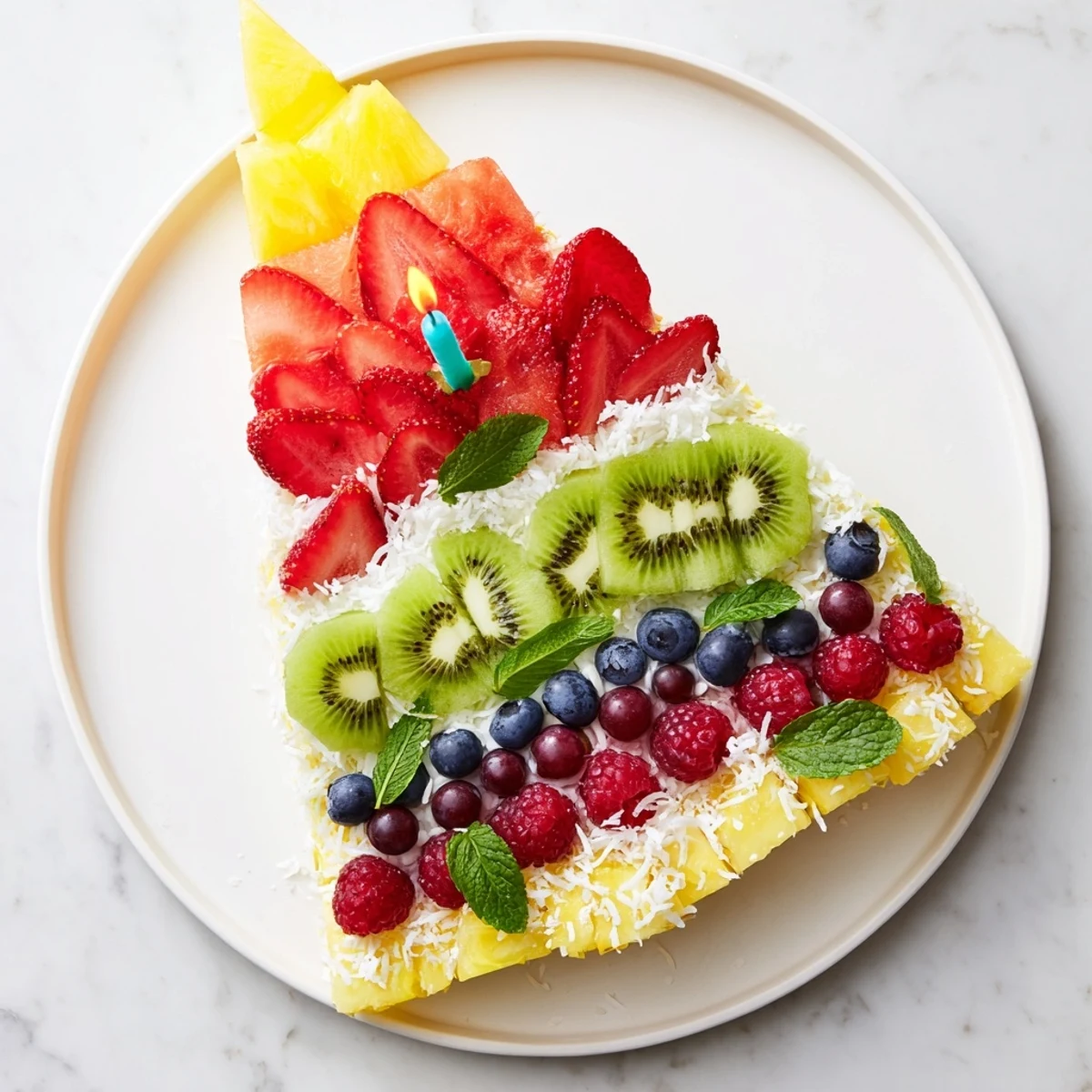 Festive Birthday Board visually: a healthy fruit platter shaped like cake, with colorful sections for everyone to enjoy.
