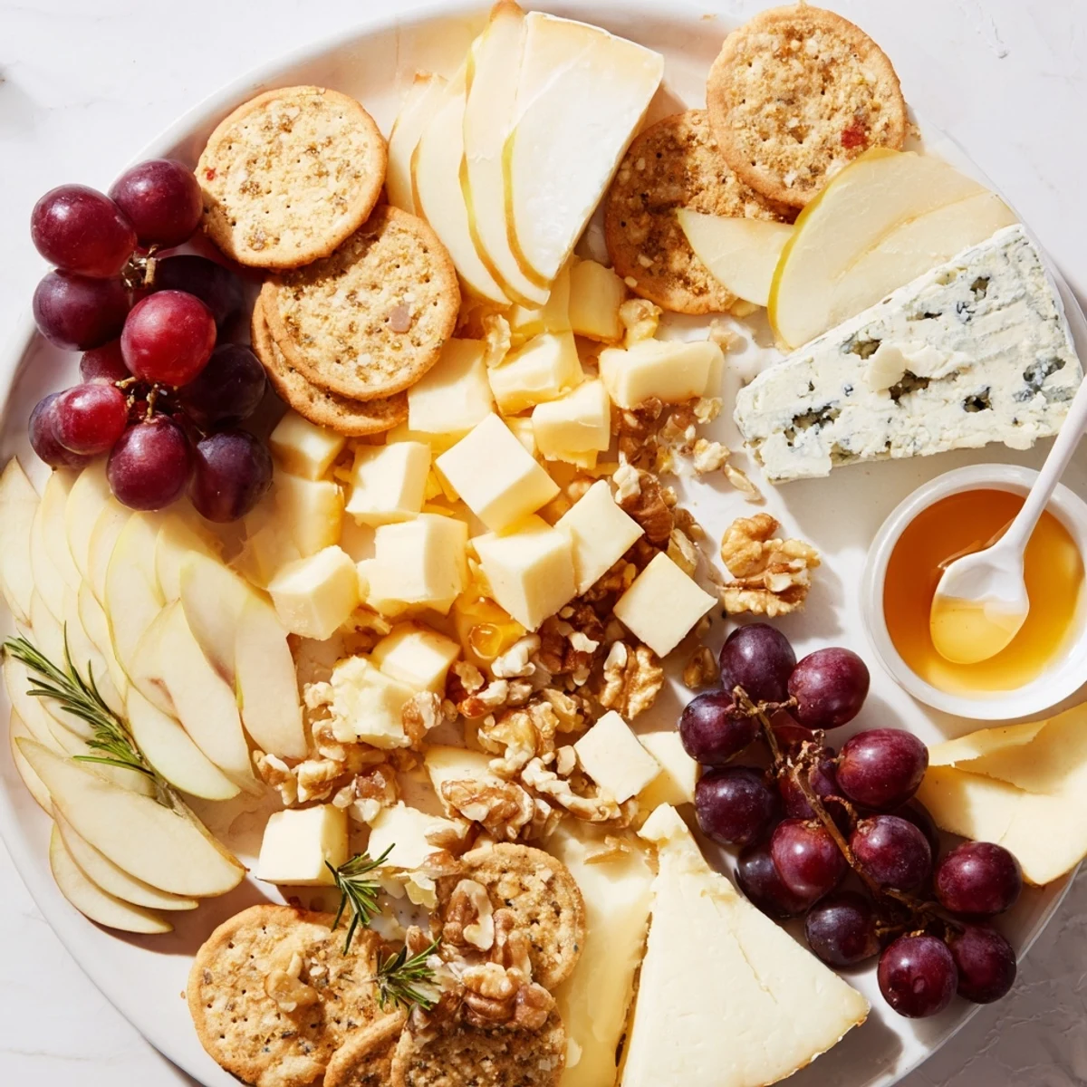 A visually appealing Cheese Plate offers diverse cheeses, crackers, grapes, apple slices, and honey for enjoyment.