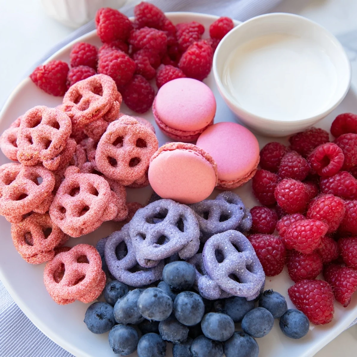 Vibrant baby reveal snack board with pink and blue treats like macarons and pretzels.