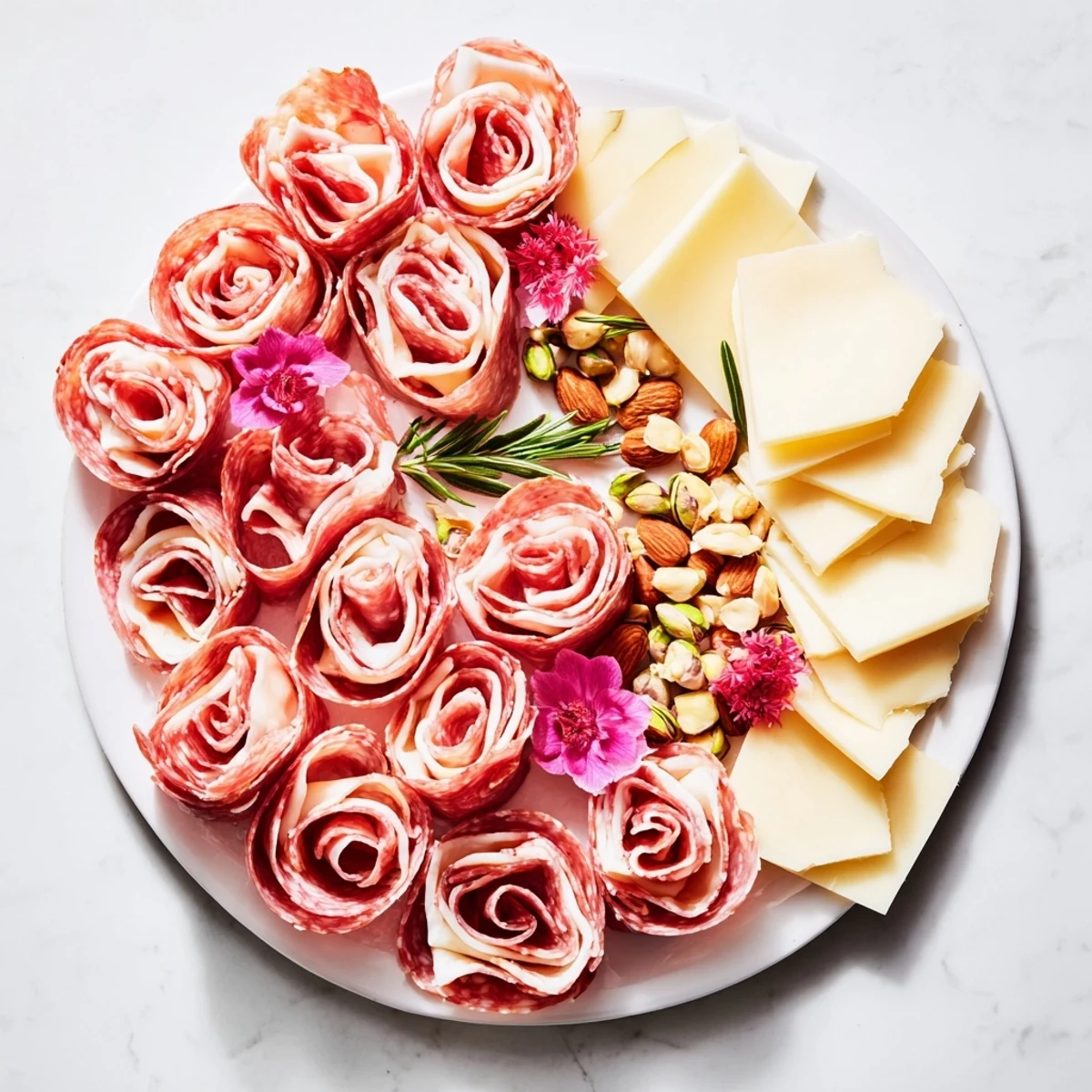 Artisan cheeses and cured meats form intricate roses on this Meat and Cheese Rose Garden platter.