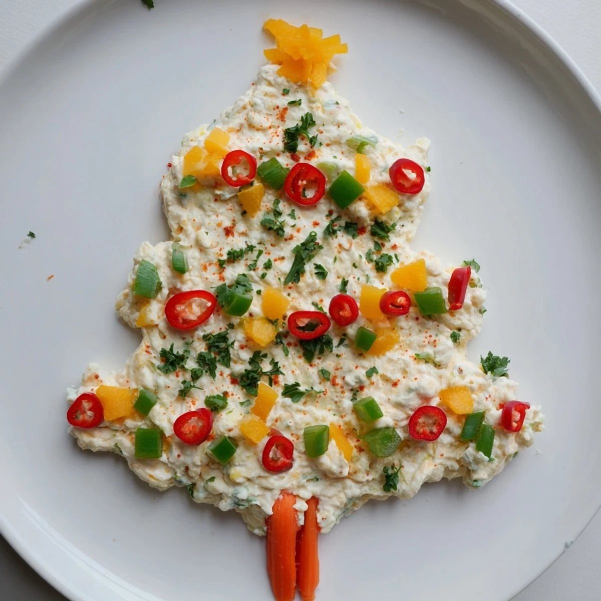 Festive Chili Pepper Christmas Tree Dip, a creamy, spicy appetizer ready for your holiday party.