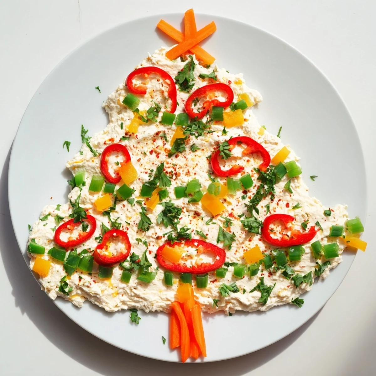 Vibrant Chili Pepper Christmas Tree Dip featuring cheese, herbs, and spicy chili pepper rings; a perfect appetizer.