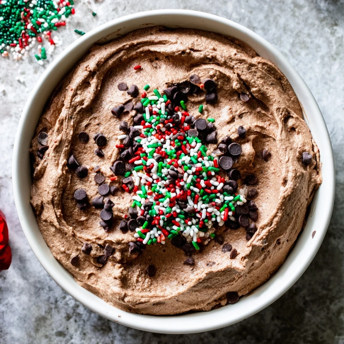 The festive Festive Tree Brownie Dip, sprinkled as a treat, ready to be enjoyed with sweet strawberries and marshmallows.