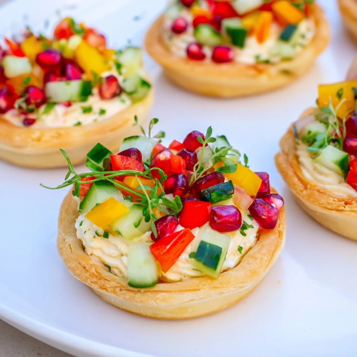 Mini tart wreath appetizers boasting a creamy cheese filling and colorful bell pepper garnish are ready!