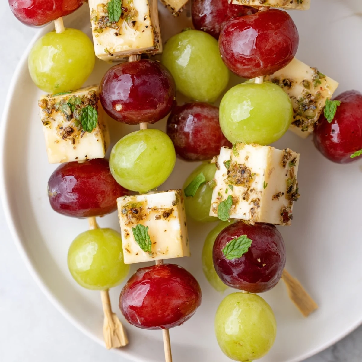 Festive Sparkling Grape and Cheese Skewers with vibrant red grapes and golden cheese cubes, ready to enjoy.