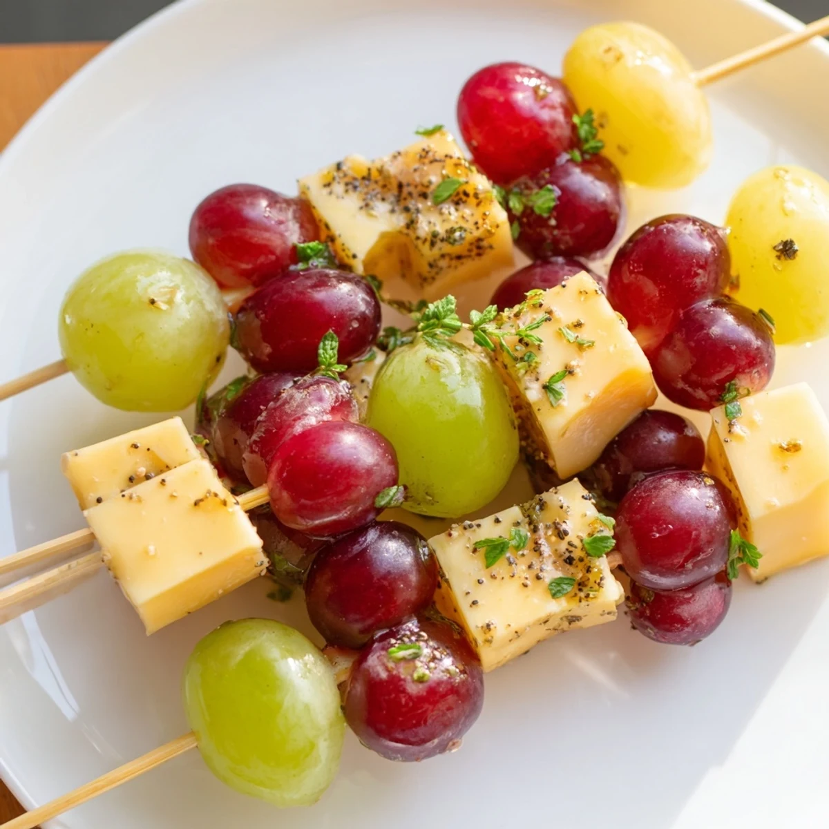 Close-up of Sparkling Grape and Cheese Skewers beautifully arranged on a platter, drizzled with honey and wine.