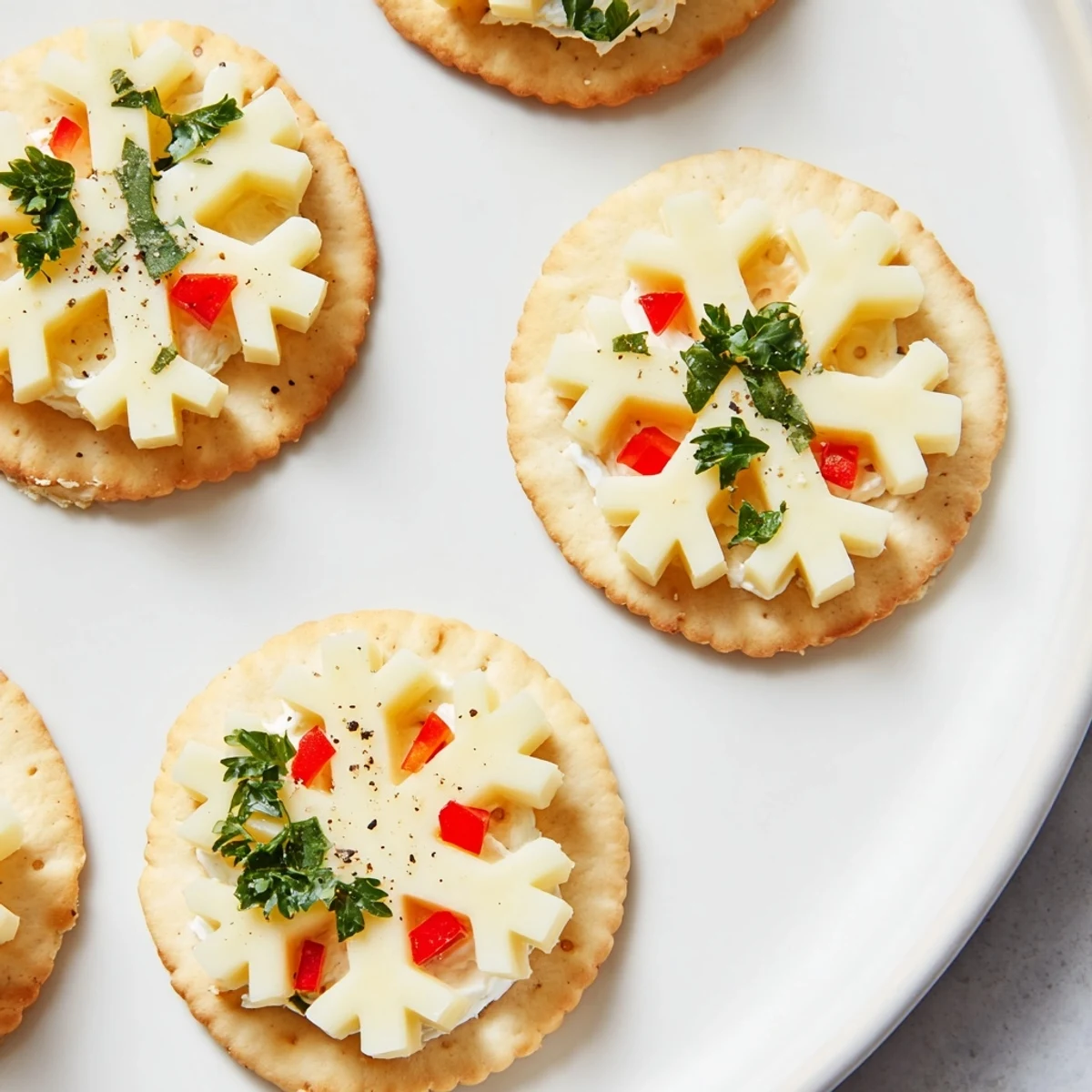 Savory cracker and cheese snowflake bites, artfully arranged and ready to be enjoyed with their crispy crackers.