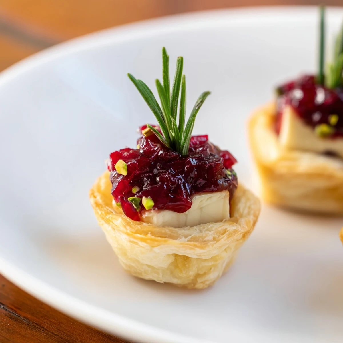 Flaky golden Mini Cranberry Brie Tart Wreath, with melting brie and vibrant cranberry filling, ready to serve.
