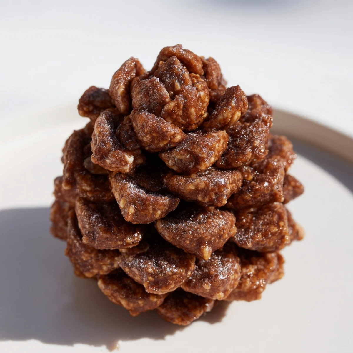 Pinecone-shaped nut butter snacks coated in crunchy cereal, a festive and delightful dessert.