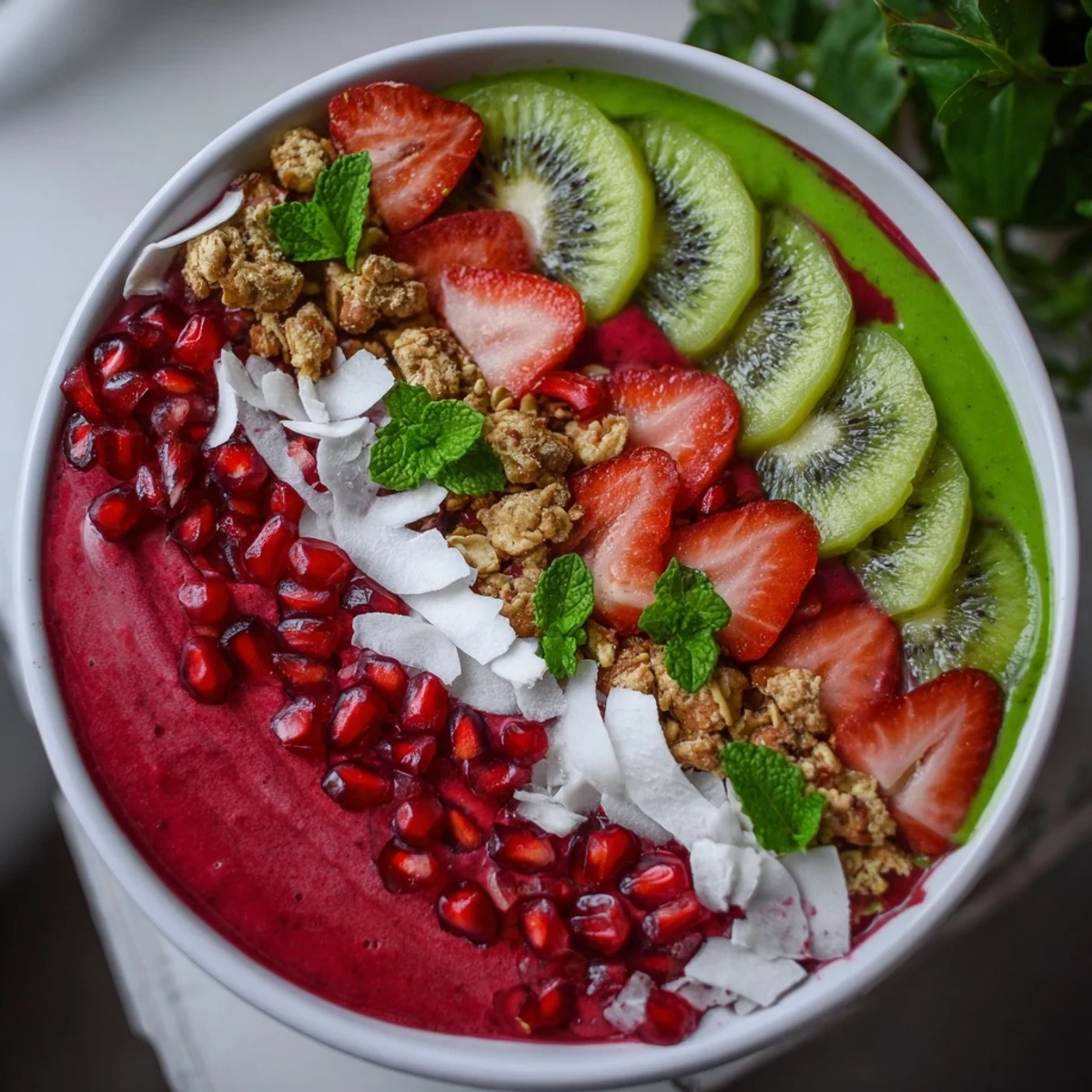 Festive red and green smoothie bowls, a layered holiday treat with fresh fruit and granola toppings.