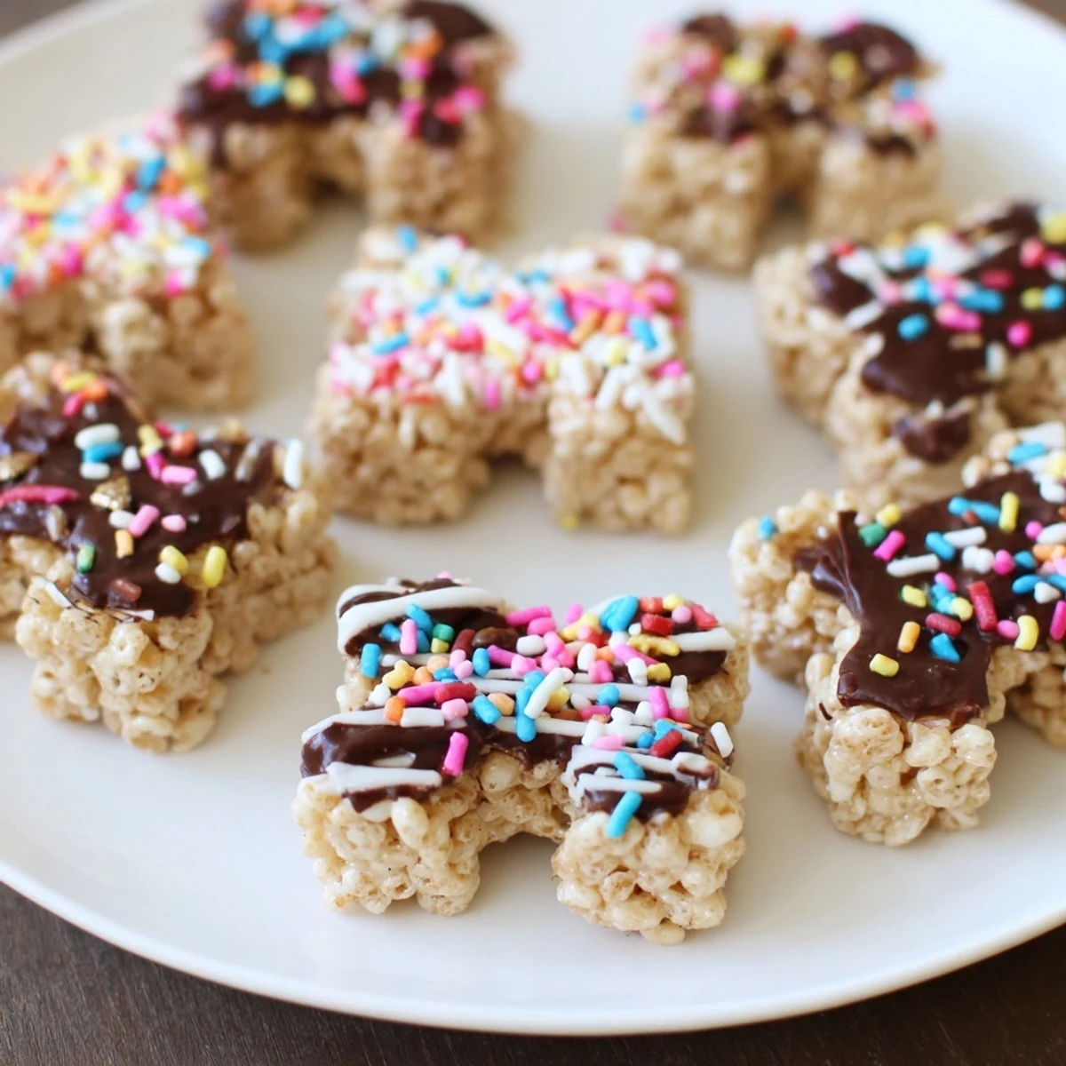 Golden, cookie cutter shaped Rice Krispies Treats, ready to decorate with colorful sprinkles and chocolate.