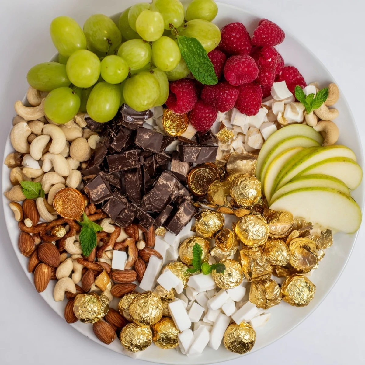 Elegant New Year's Gold Foil Wrapped Chocolate Board, a stunning dessert with fresh fruits and nuts.