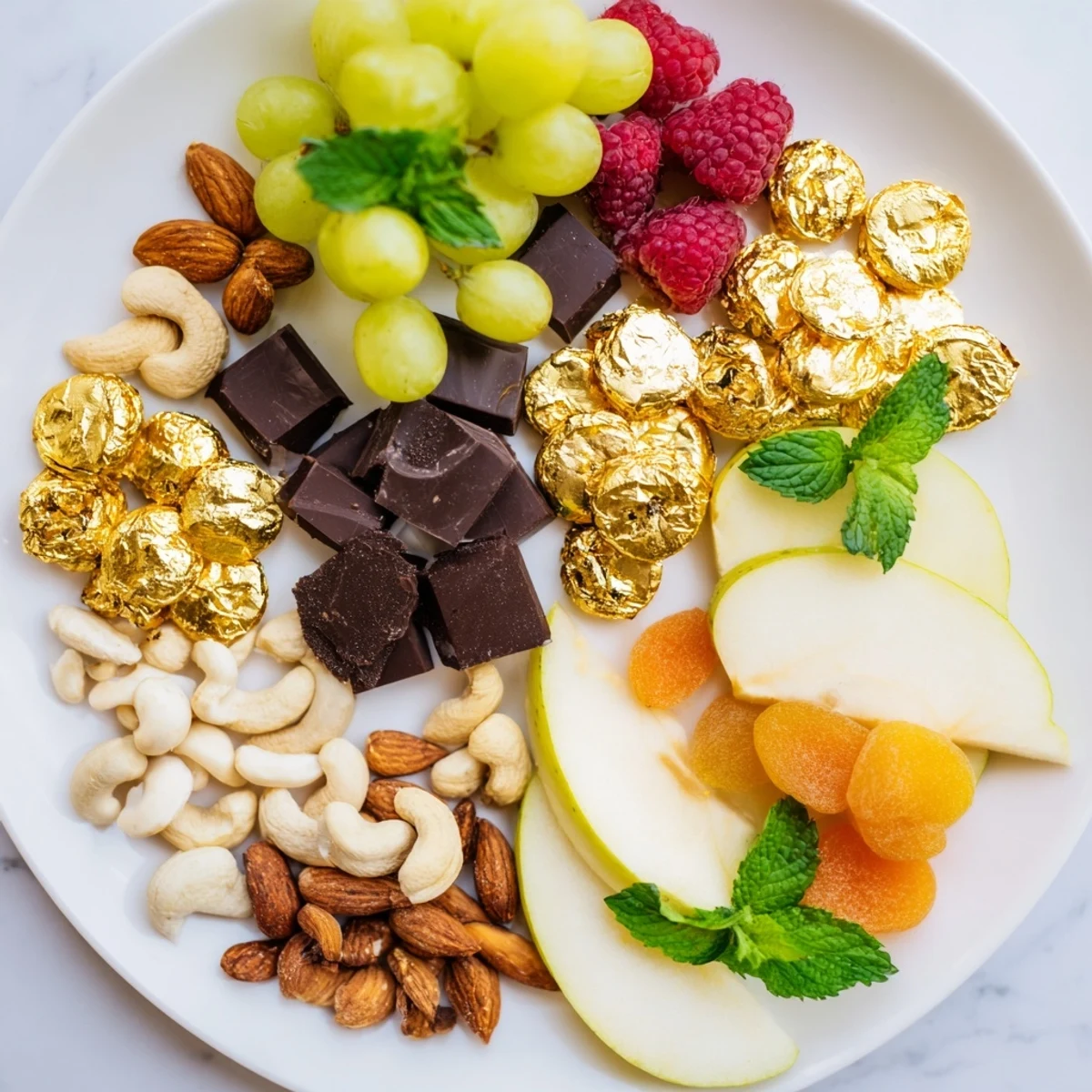 Delicious New Years Gold Foil Wrapped Chocolate Board, glistening with gold foil and colorful fresh fruit!