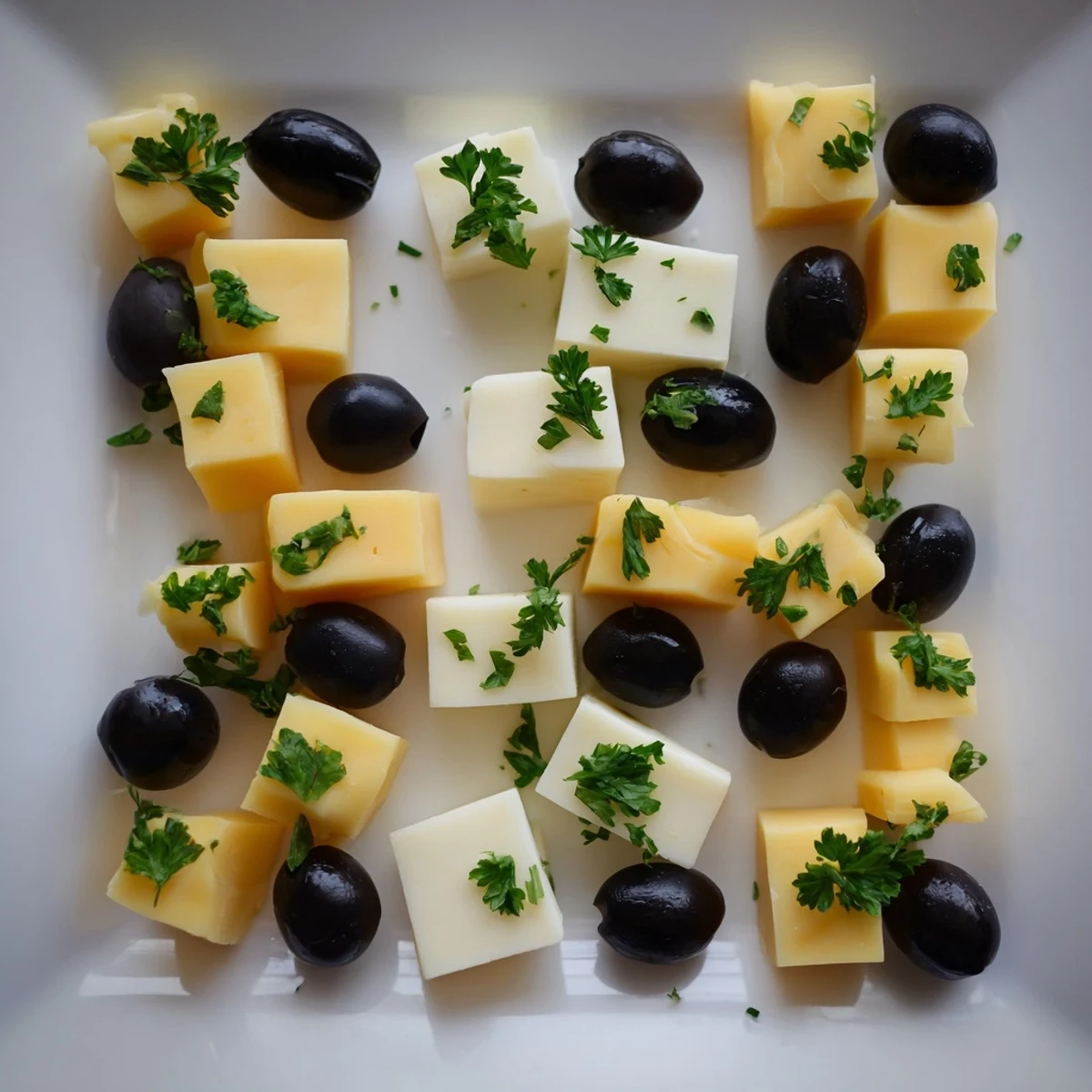 Golden cheddar and mozzarella cheese cubes and olives form a stunning Cheese and Olive Chess Board.