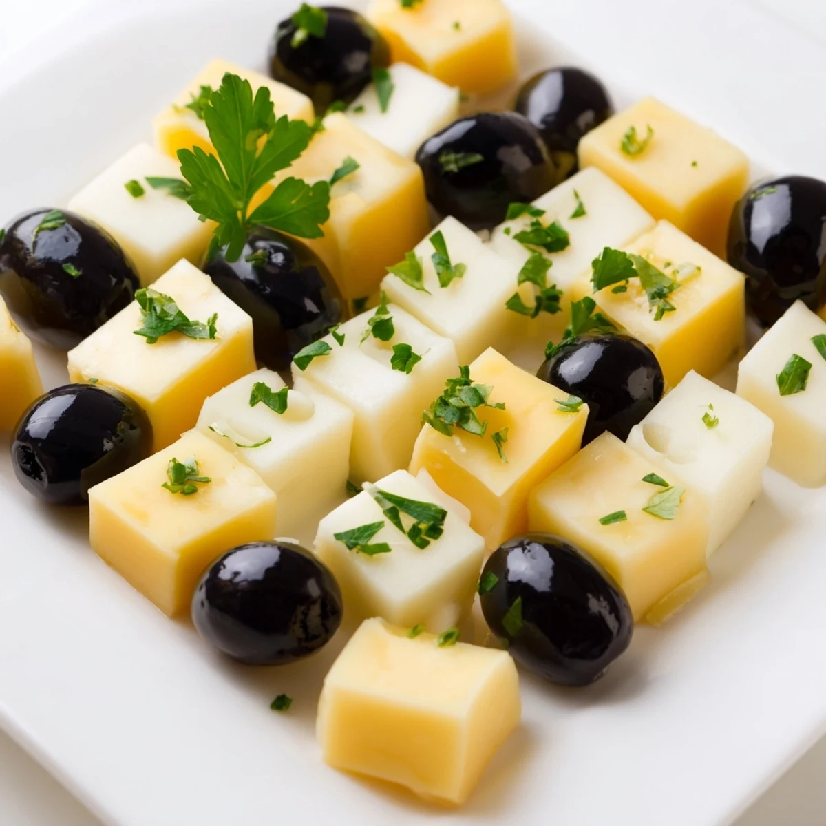 Imagine the vibrant alternating pattern of cheese and olives in this delicious Cheese and Olive Chess Board arrangement.