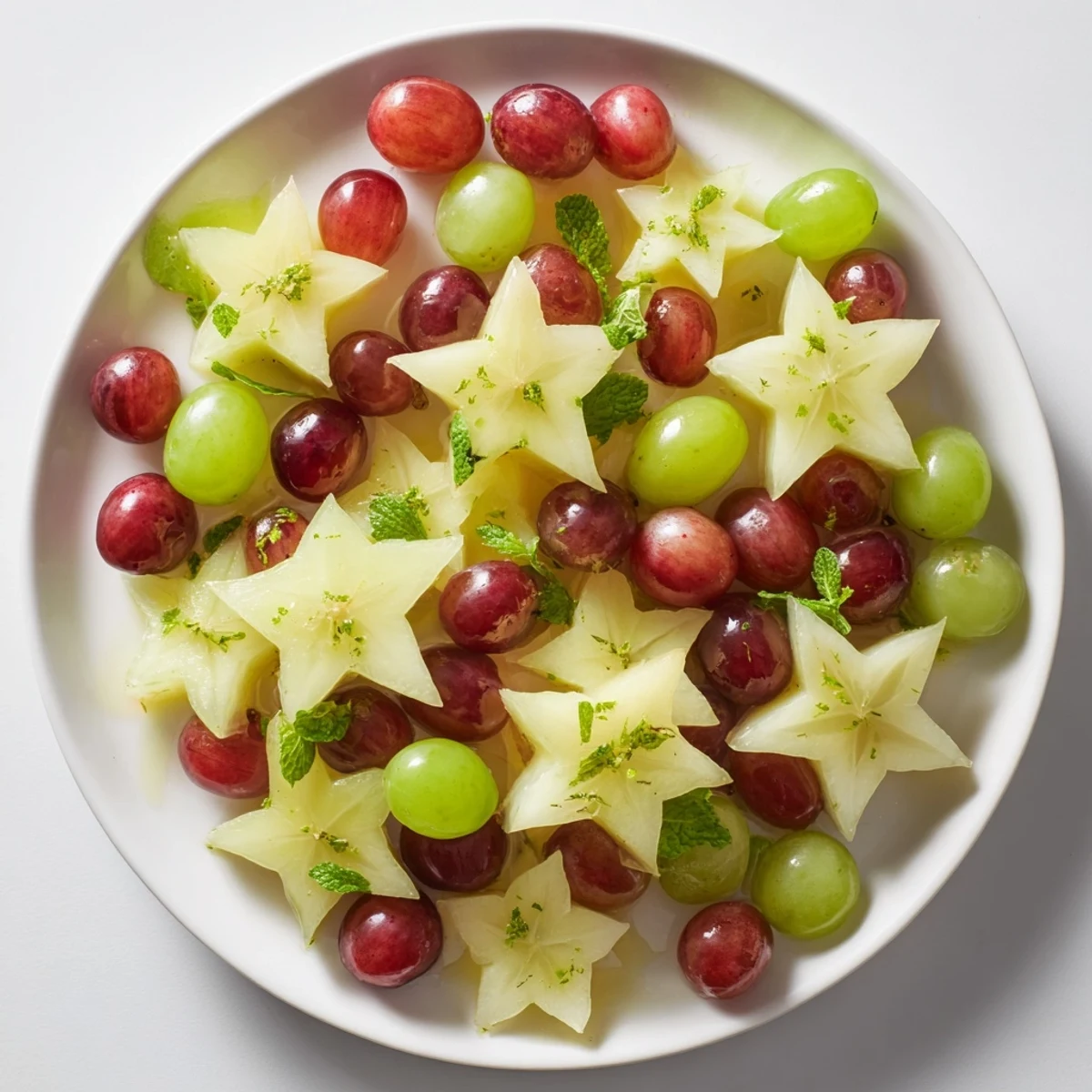 Fresh, vibrant brunch fruit arrangement: starfruit slices and grapes, ready to garnish any dish.