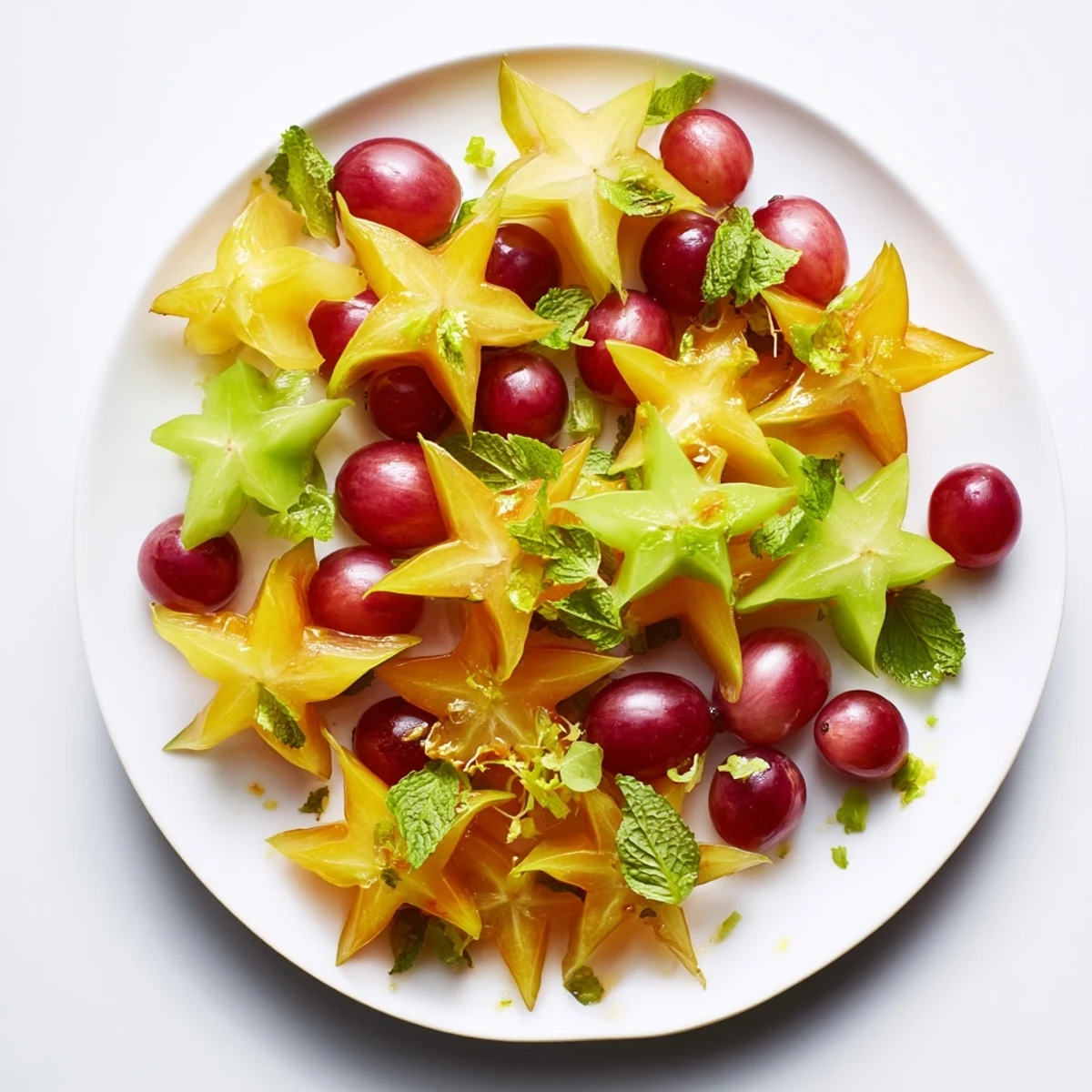 Colorful starfruit and grapes served as a refreshing, light, and healthy brunch fruit recipe.